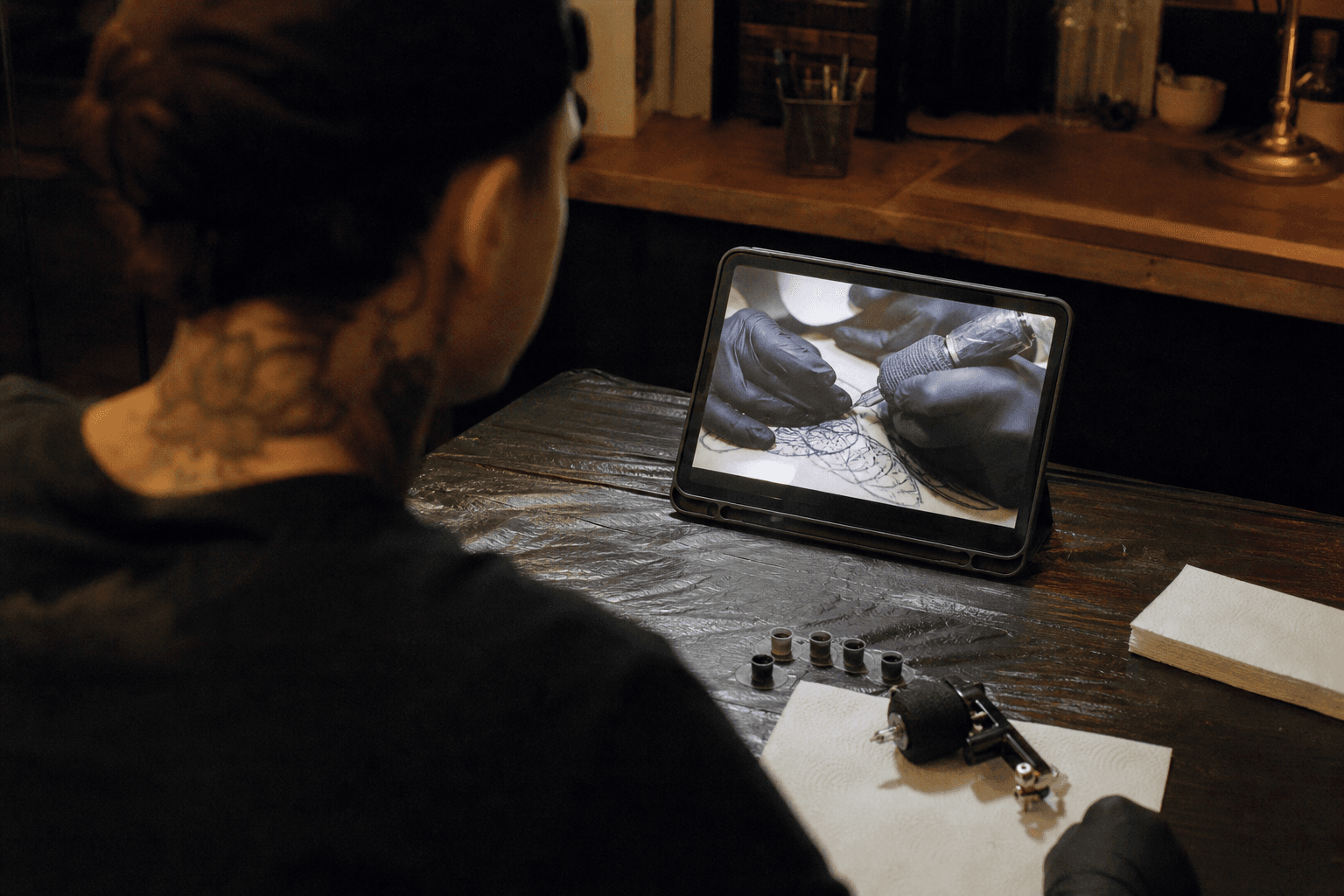 Artist demonstrating machine technique in a lesson