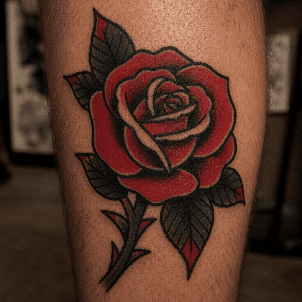 American traditional red rose tattoo